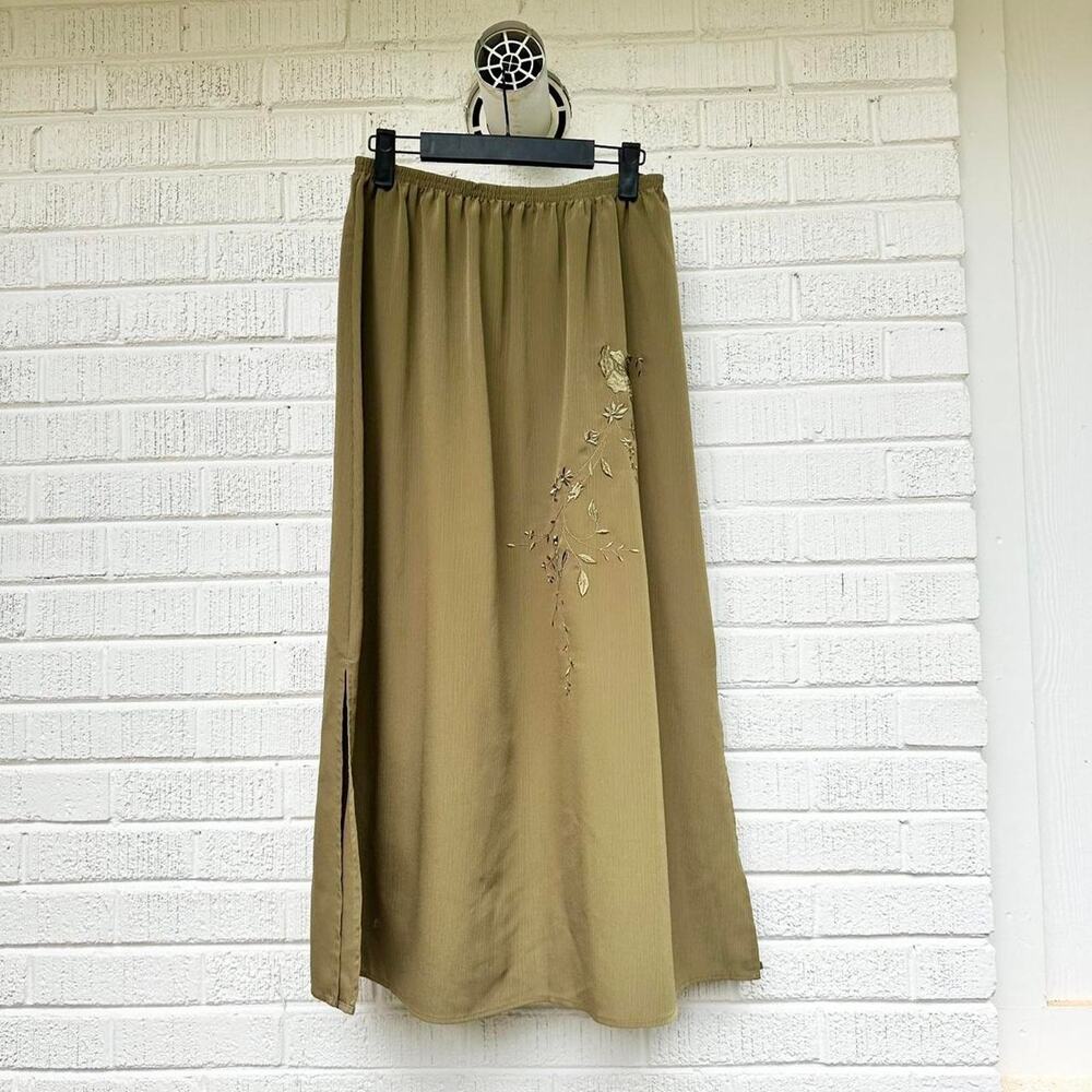 Vintage 90s Maggie Sweet Olive Green Floral Embroidered Midi Skirt